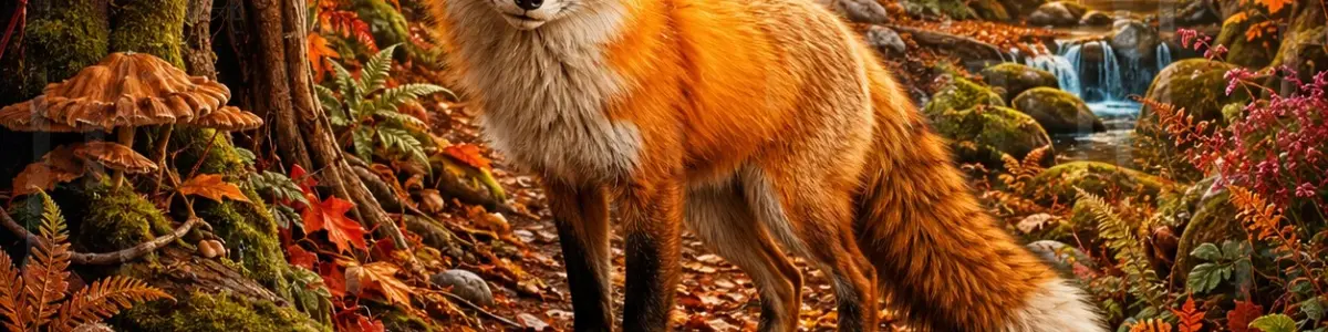 Red fox standing among colorful autumn leaves and moss in a sunlit forest.