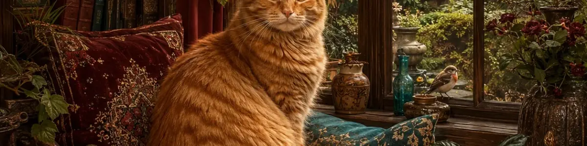 Orange tabby cat resting on a cushioned seat beside a sunlit window with plants and books.
