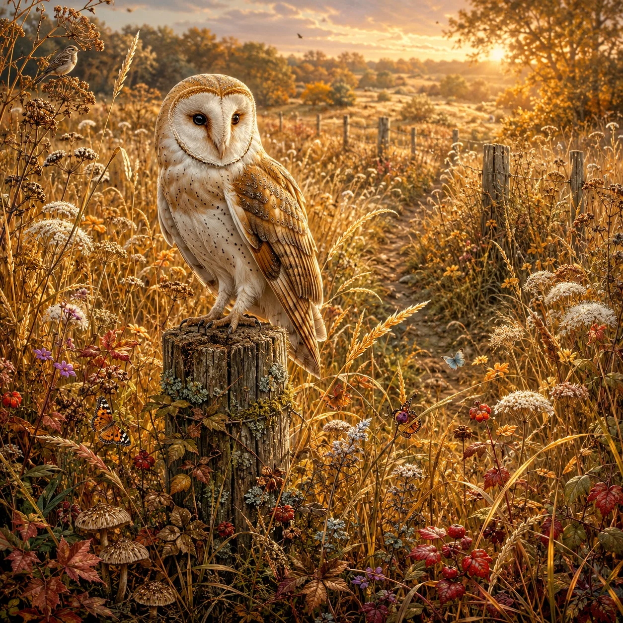 Barn owl perched above a golden meadow in warm evening light.