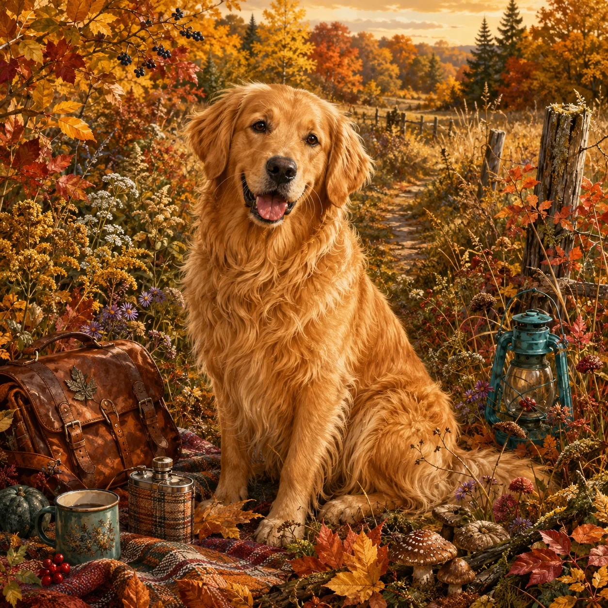 Golden retriever standing in an autumn meadow surrounded by golden grass and colorful leaves.