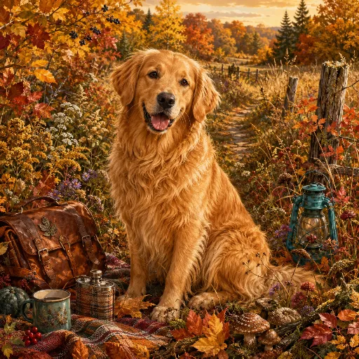 Golden retriever standing in an autumn meadow surrounded by golden grass and colorful leaves.