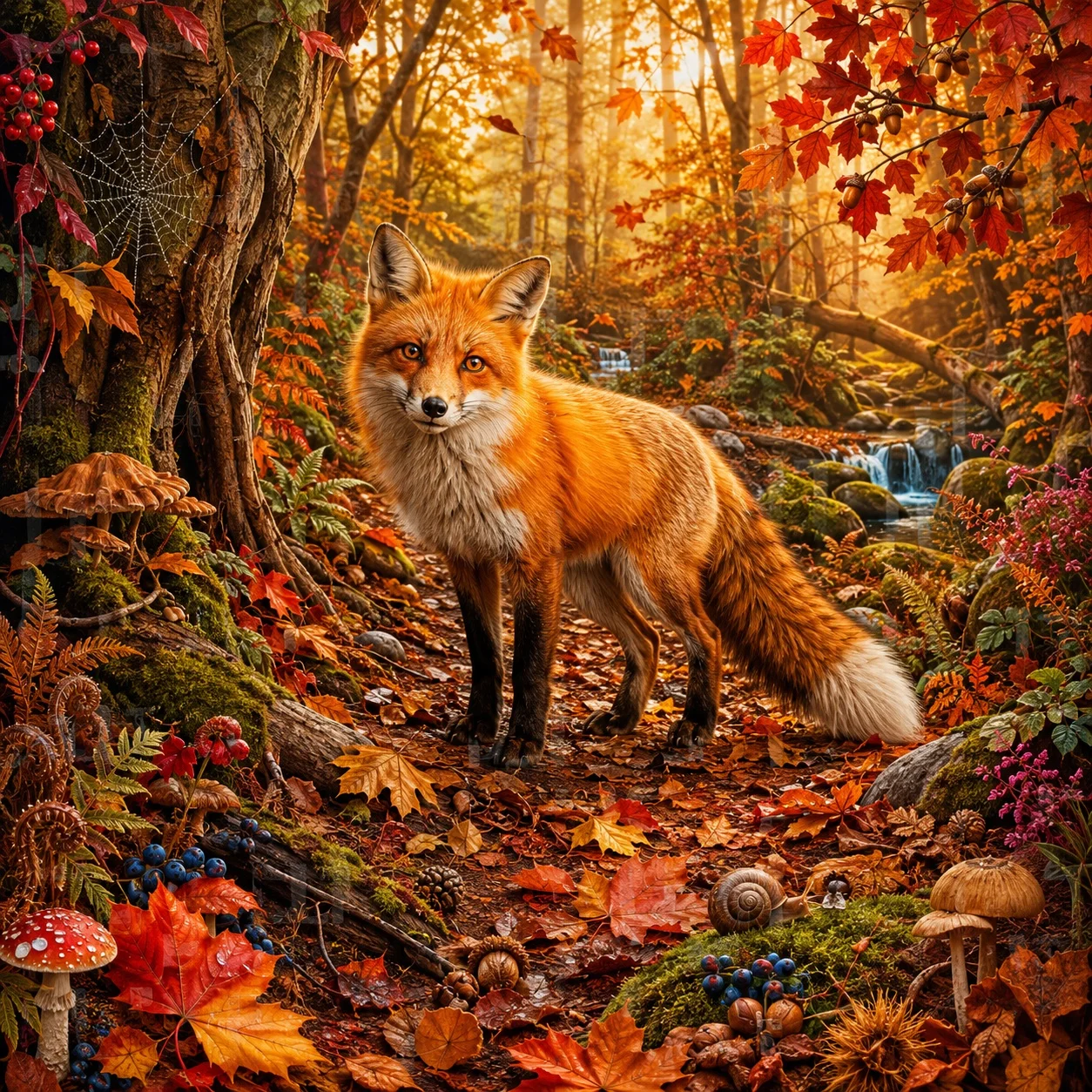 Red fox standing among colorful autumn leaves and moss in a sunlit forest.
