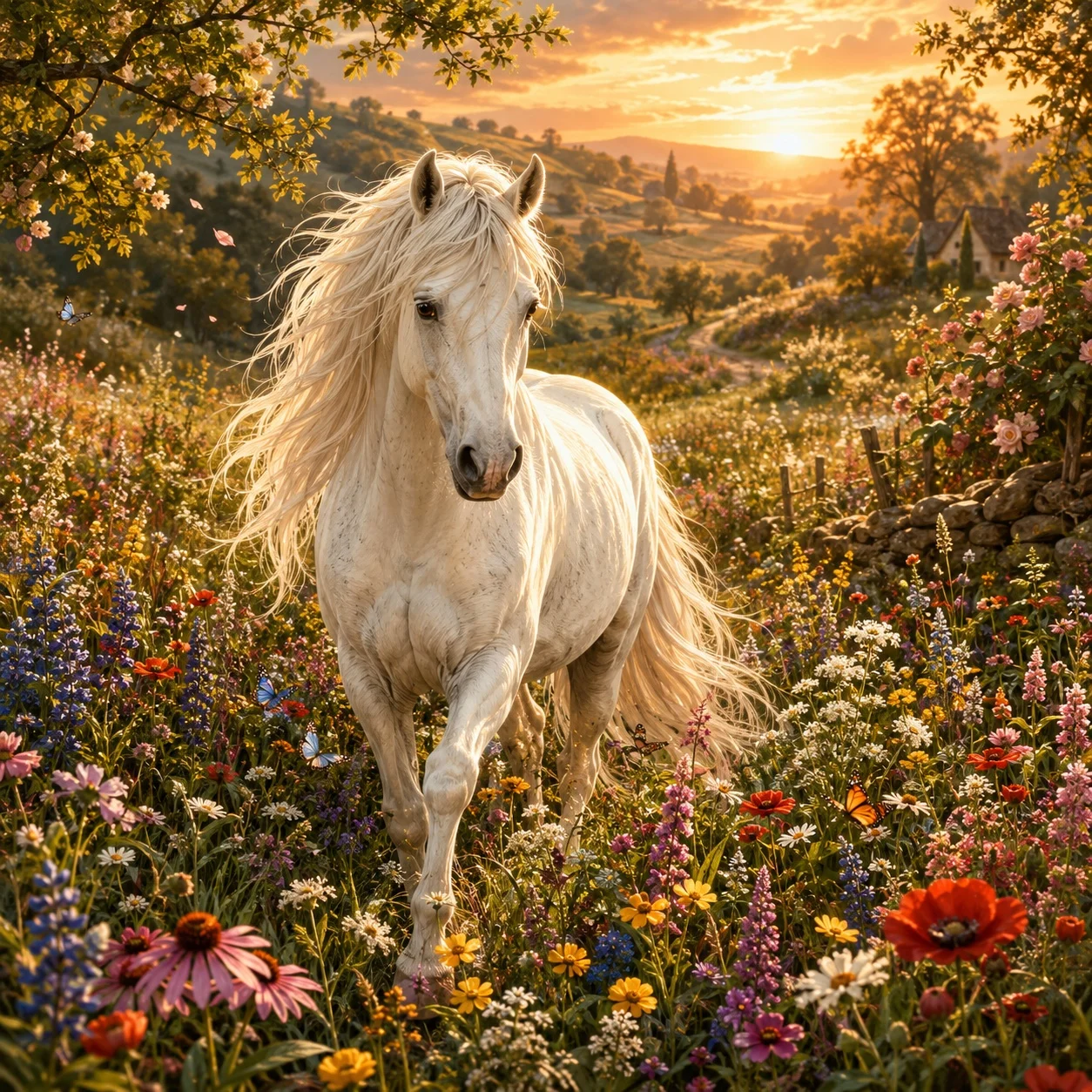 White horse standing in a meadow filled with colorful wildflowers and tall grass.