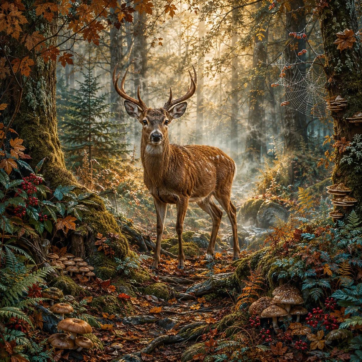 Deer standing in a misty woodland surrounded by trees, ferns, and soft morning light.