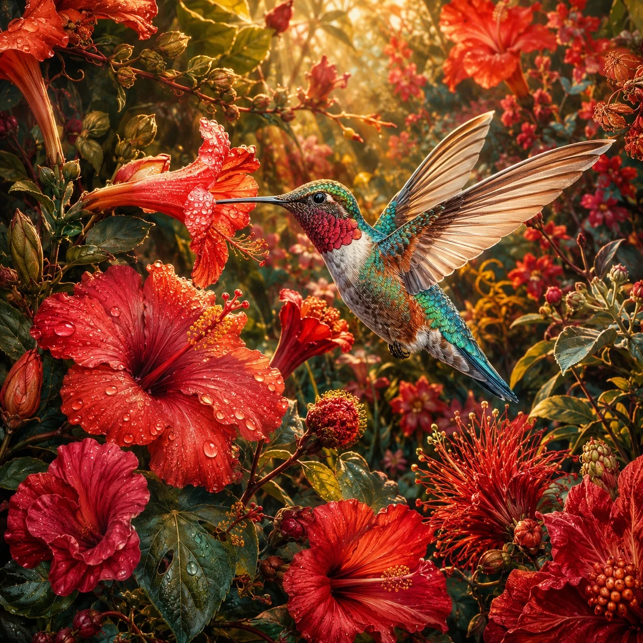 Colorful hummingbird hovering beside red flowers among dense green leaves.