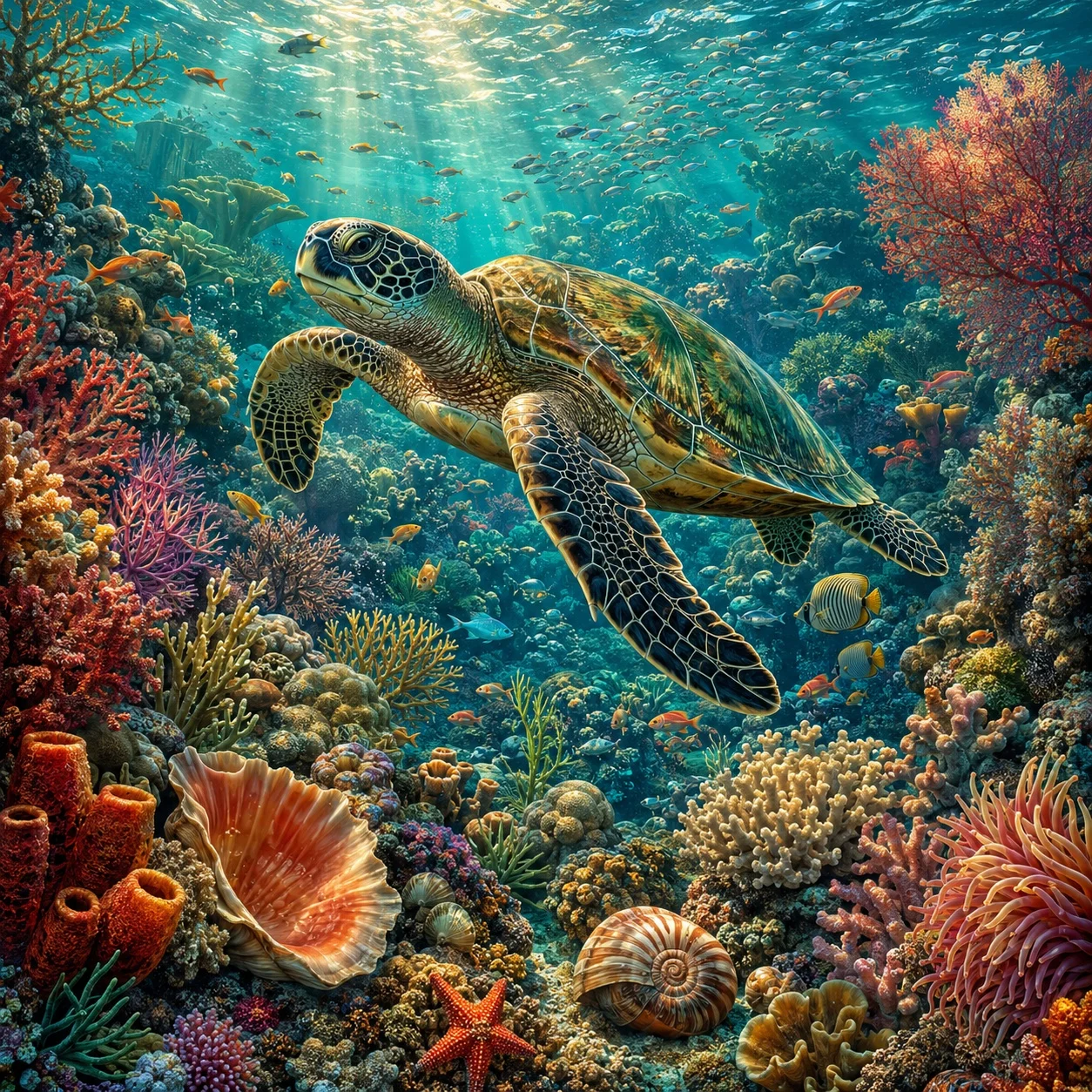 Green sea turtle swimming above a colorful coral reef with tropical fish and sea plants.
