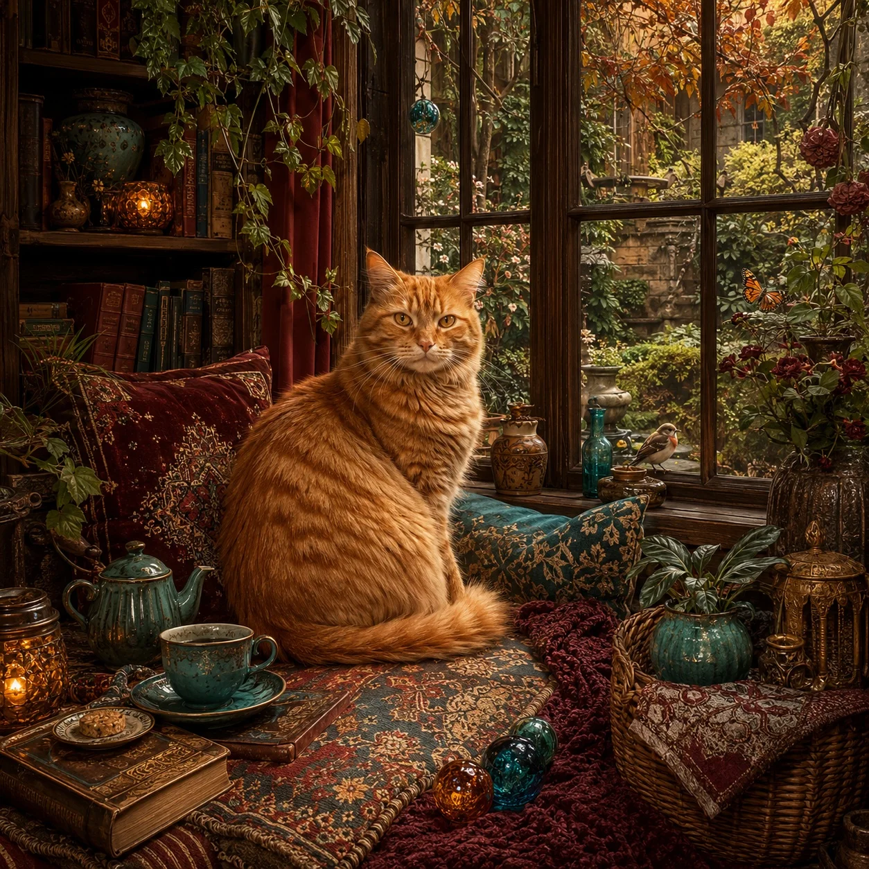 Orange tabby cat resting on a cushioned seat beside a sunlit window with plants and books.